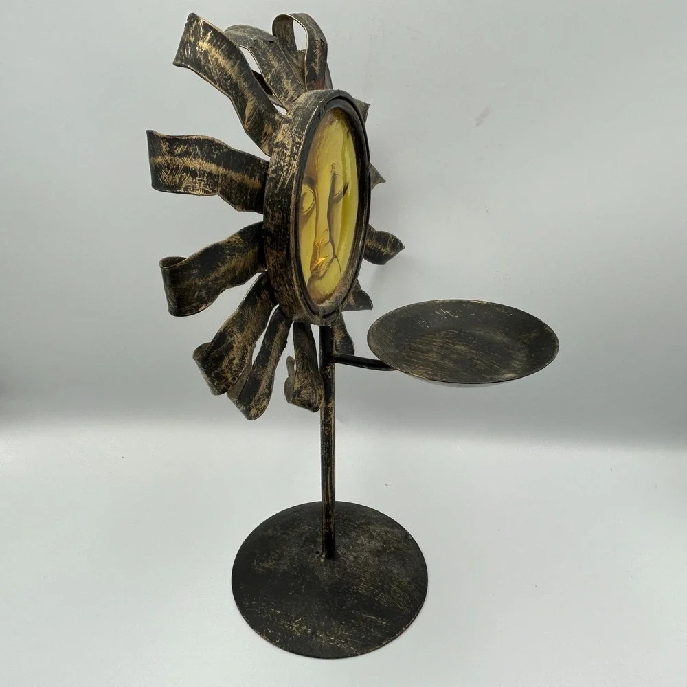 Celestial Sun 90s Y2K Face Metal Bronze Candle Holder Stand Amber Glass Zodiac